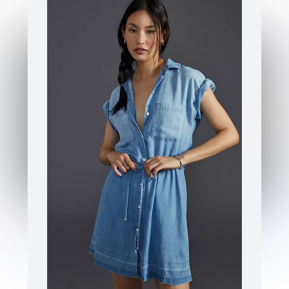 Cloth & Stone Cinched-Waist Mini Shirt Dress, denim chambray, size XXS